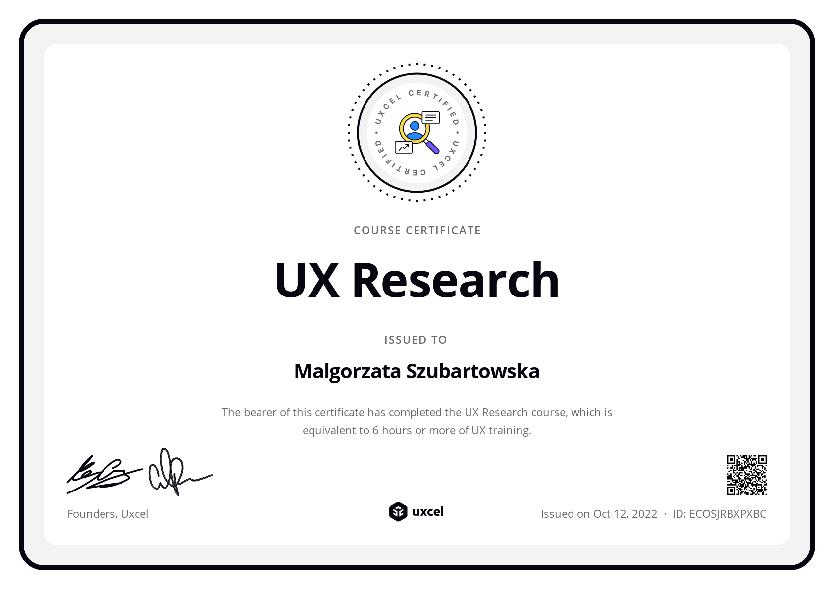 Malgorzata Szubartowska's certificate
